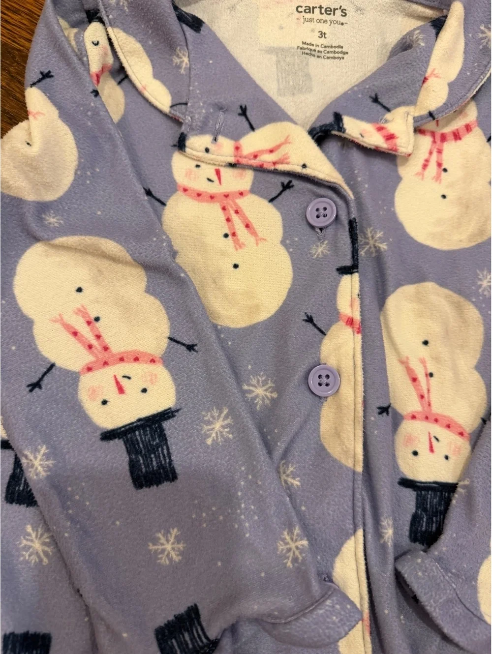 Carter’s Toddler 3T Purple Snowman Pajama Set Winter Long Sleeve PJs